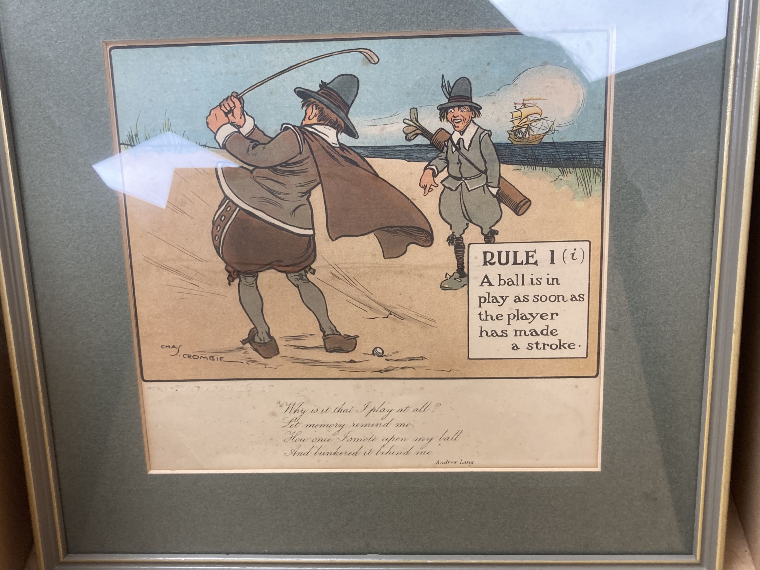 Charles Crombie, set of twelve comical golfing prints, Perrier Golf Rules